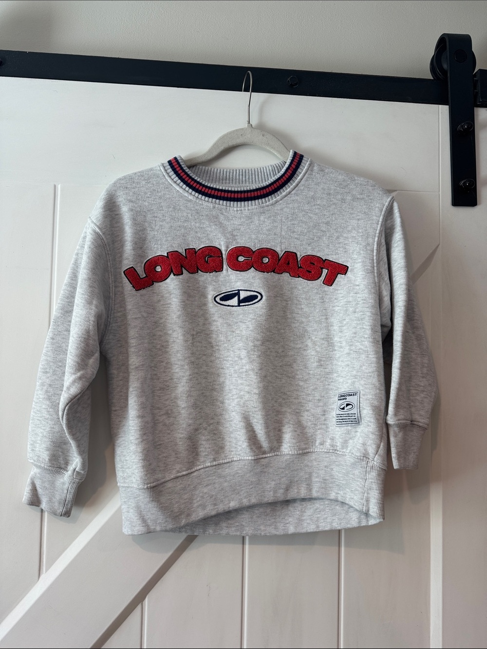 Zara Gray Crewneck Sweatshirt with Red 'LONG COAST' Lettering